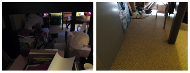 Before and After shots under my desk. Now there is room for the things that are supposed to go there: Feet.